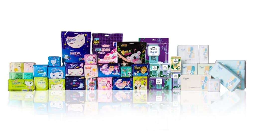 Produkte und Marken von Hengan International wie „Space 7“, „Anerle“ und „Anle“ aus dem „Sanitary Napkins“ Segment, Quelle: Hengan International webpage