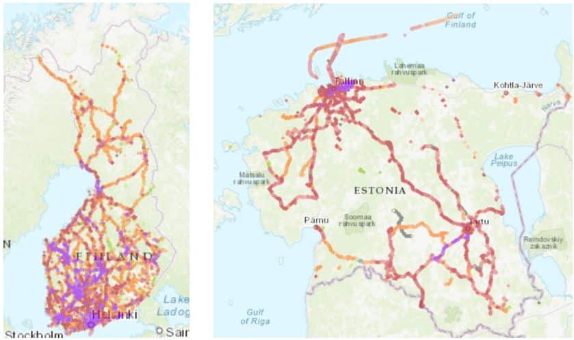 Visualisierung der Netzabdeckung durch Elisa in Finnland und Estland