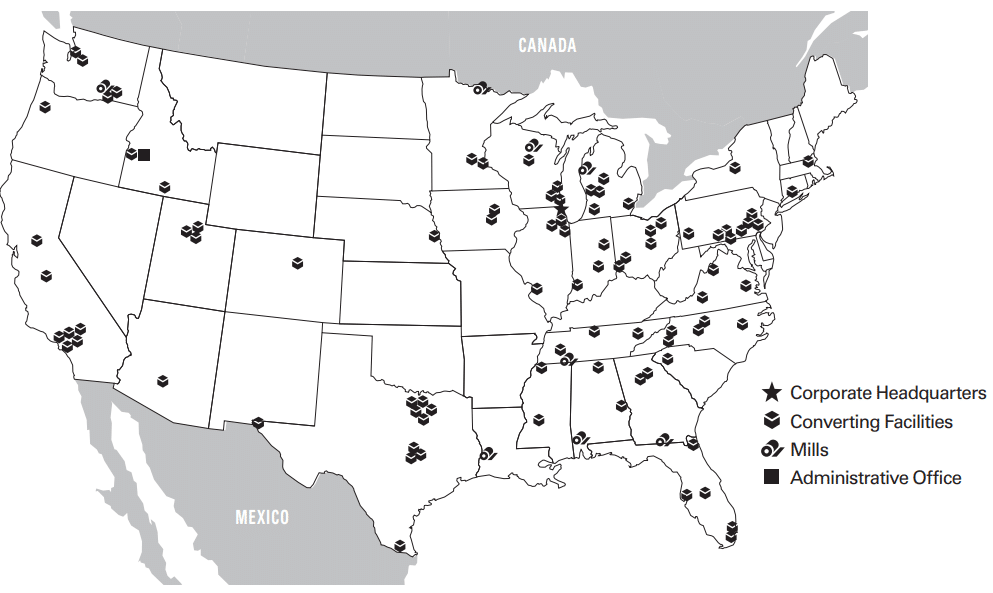 Karte der Standorte, Mühlen und Einrichtungen von PCA