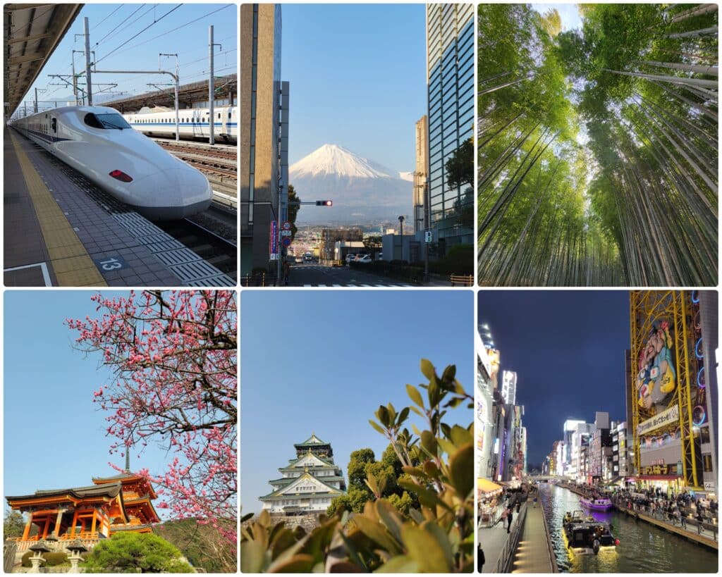 Weitere Aufnahmen meiner Japan-Reise von links oben nach rechts unten: (1) Der stets pünktliche Shinkansen Hochgeschwindigkeitszug (280km/h) (2) Mount Fuji (3) Bamboo Forest Kyoto (4) Schrein in Kyoto (5) Osaka Castle (6) Dotonbori in Osaka.