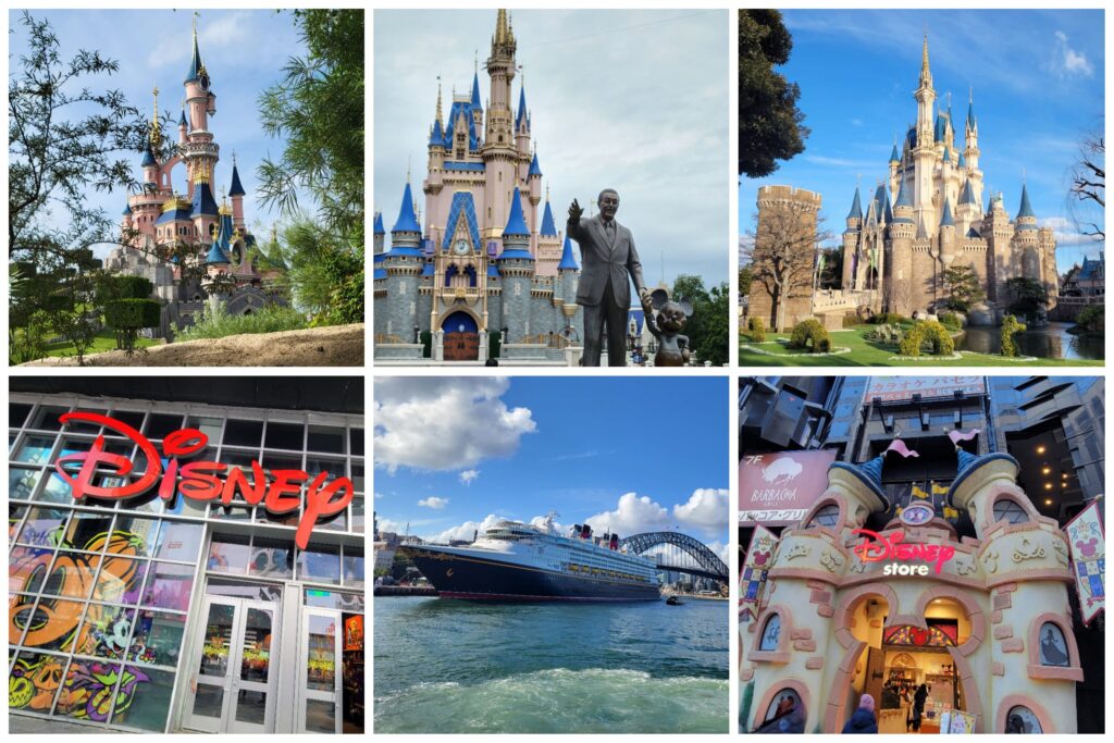 Eigene Reiseaufnahmen von links oben nach rechts unten: (1) Disneyland Paris (2) Magic Kingdom im Disney World Orlando, Florida mit Walt Disney Statue (3) Disneyland Tokyo (4) Disney Store am Times Square in New York City (5) Disney Wonder Kreuzfahrtschiff vor Anker in Sydney gesichtet (6) Disney Store in Shibuya, Tokyo.